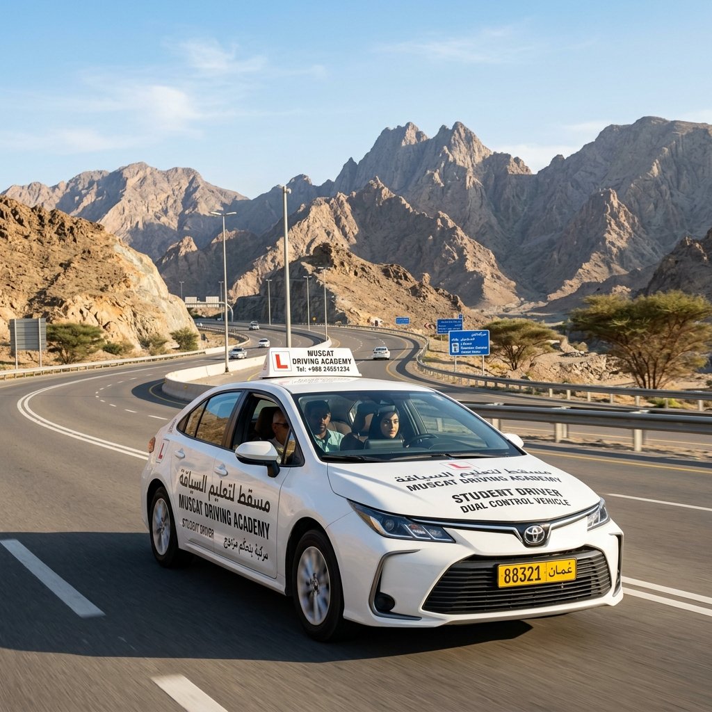Muscat Driving School car training on Muscat highway with Hajar mountains in background
